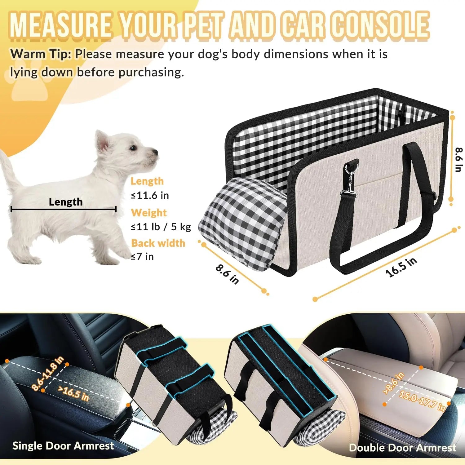 Tailsup Console Dog Car Seat for Small Dogs (Up to 11 Lbs) - Portable Armrest Booster Seat with Pumpkin Design, Sponge Soft Cushion, Anti-Collapse Plastic Frame, Safety Belt, 2 Cozy Bed Modes