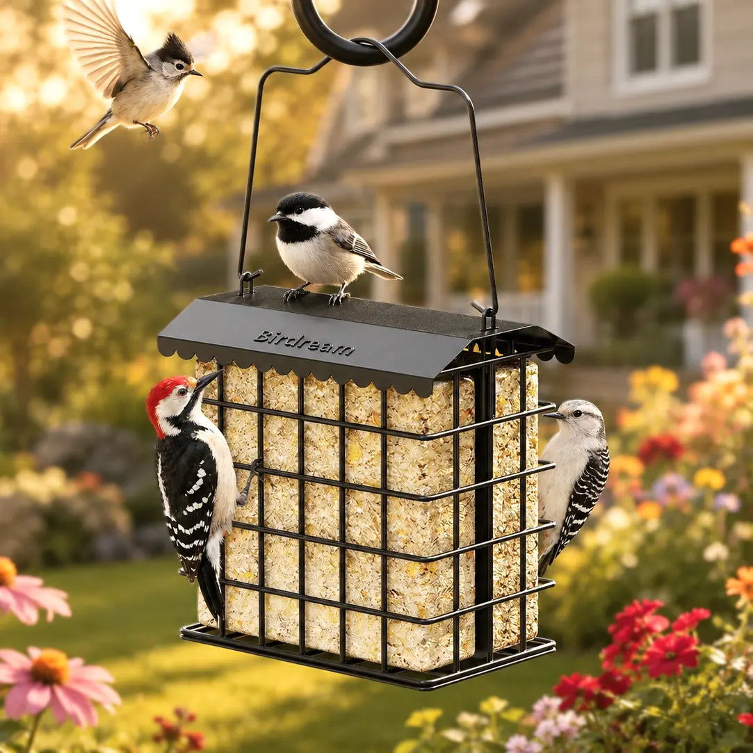 Birdream Premium All-Metal Double Suet Bird Feeder for Outdoor Use, Accommodates 2 Standard Suet Cakes, Effortless Refilling Tool for Attracting Woodpeckers and Chickadees