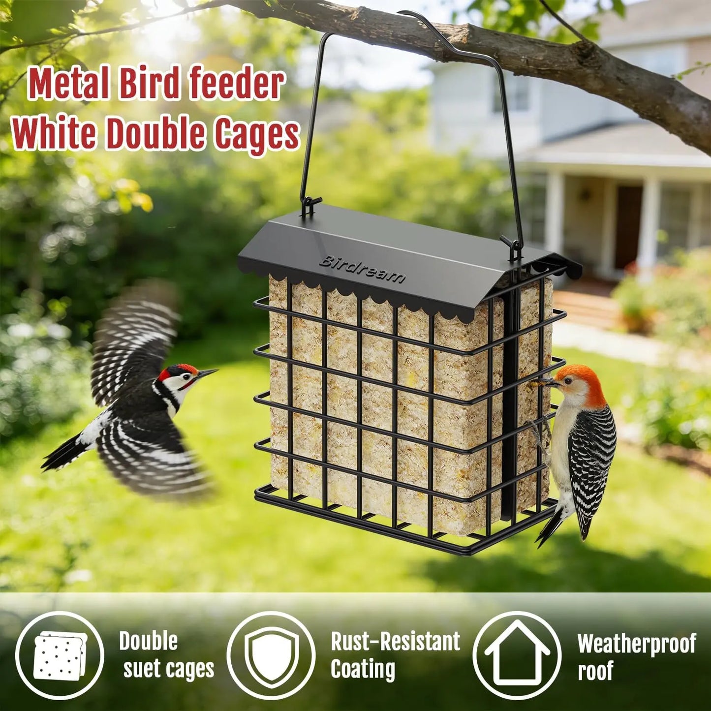 Birdream Premium All-Metal Double Suet Bird Feeder for Outdoor Use, Accommodates 2 Standard Suet Cakes, Effortless Refilling Tool for Attracting Woodpeckers and Chickadees