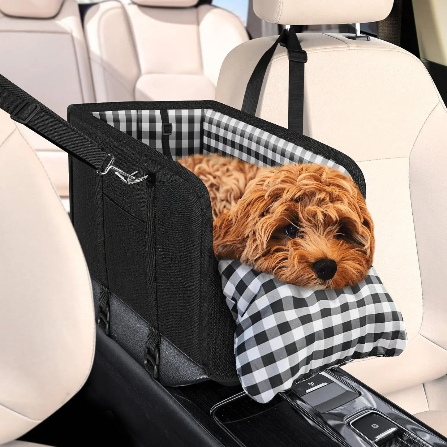 Tailsup Console Dog Car Seat for Small Dogs (Up to 11 Lbs) - Portable Armrest Booster Seat with Pumpkin Design, Sponge Soft Cushion, Anti-Collapse Plastic Frame, Safety Belt, 2 Cozy Bed Modes