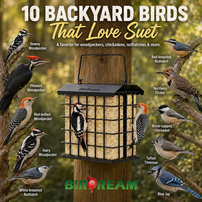 Birdream Premium All-Metal Double Suet Bird Feeder for Outdoor Use, Accommodates 2 Standard Suet Cakes, Effortless Refilling Tool for Attracting Woodpeckers and Chickadees
